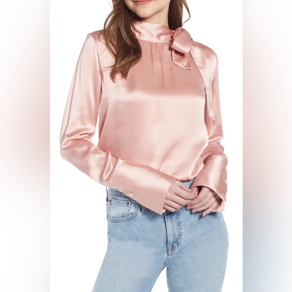 Something Navy Pink Long Sleeve Easy Tie Neck Top